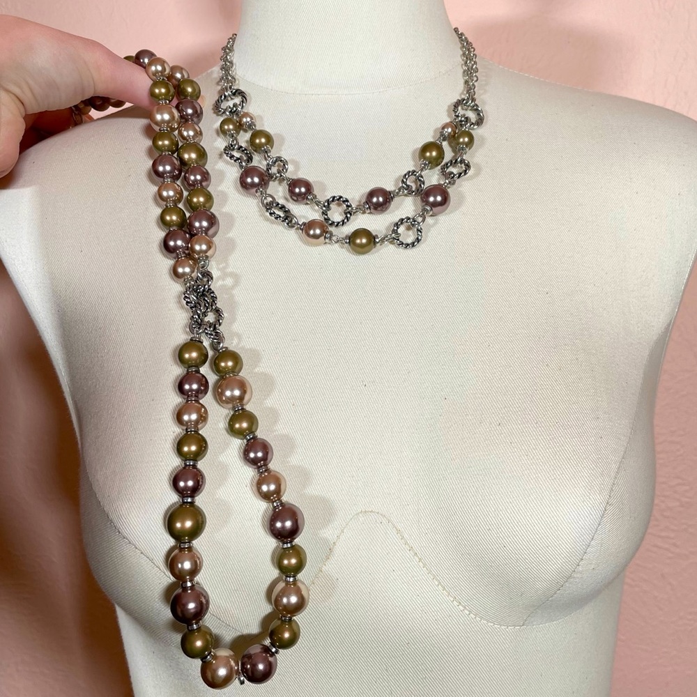 Set of Two Silver Tone Faux Pearl Beaded Statement Maximalist Party Necklace
